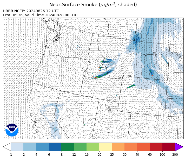 By midday Tuesday, the HRRR smoke model shows smoke moving into Montana from wildfires burning in Idaho and Wyoming.